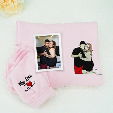 Embroidered Anniversary Hoodie with Full Color Couple Portrait - Wedding Gift