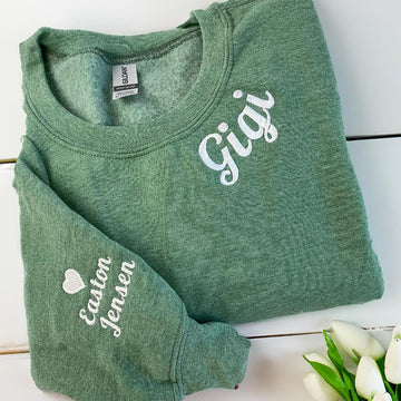 Embroidered Gigi Neckline Hoodie with Grandkids Names - Grandmother Gift