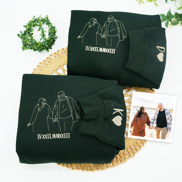 Embroidered Roman Numeral Hoodie with Couple Portrait Outline - Relationship Gift