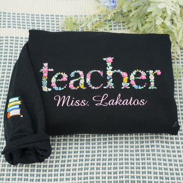 Embroidered Teacher Hoodie with Floral Letter - Teacher Gift
