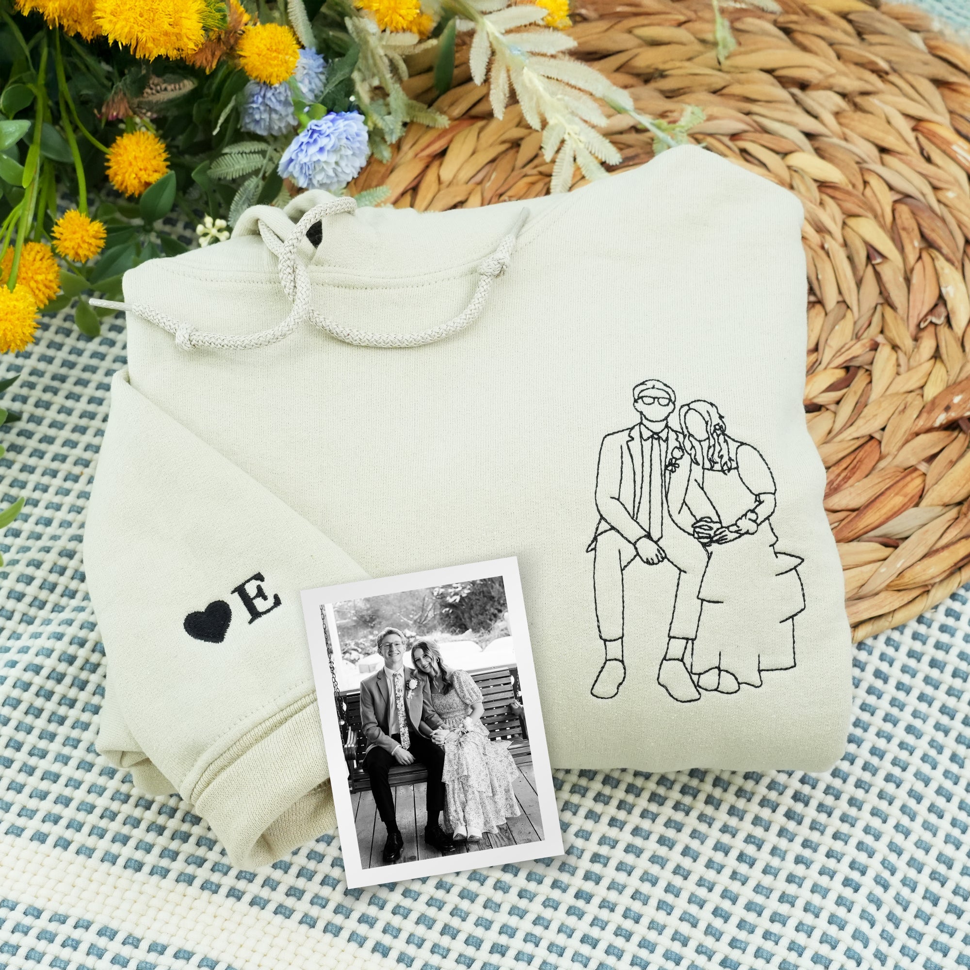 Embroidered Wedding Portrait Hoodie - Couple Engagement Gift