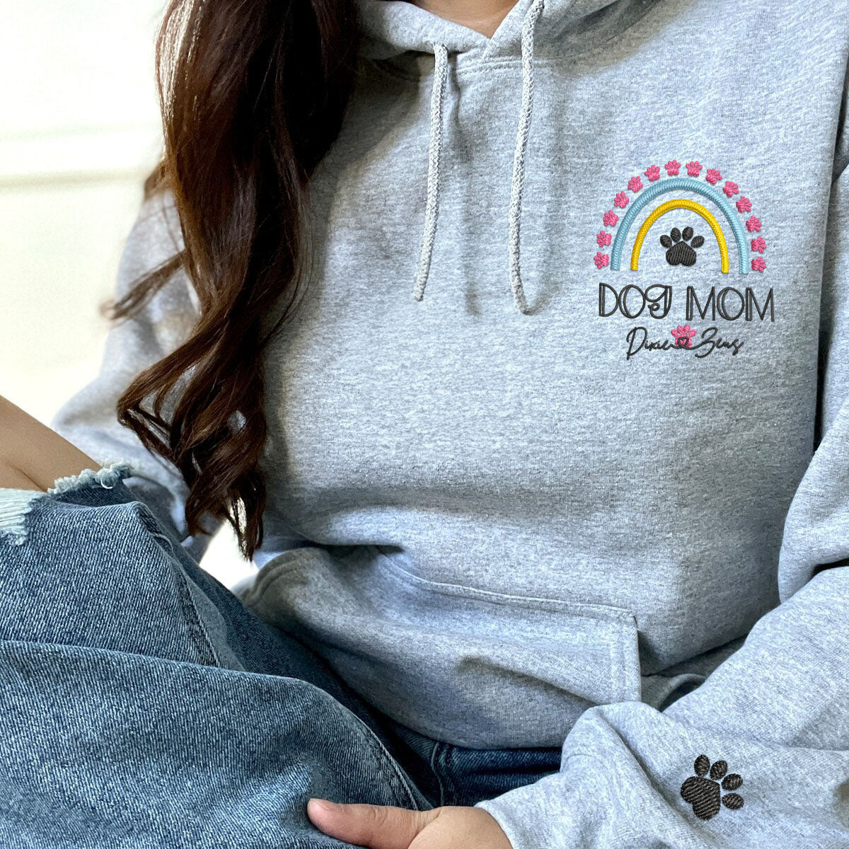 Embroidered Dog Mom Hoodie with Pet Names - Rainbow Design Pet Gift