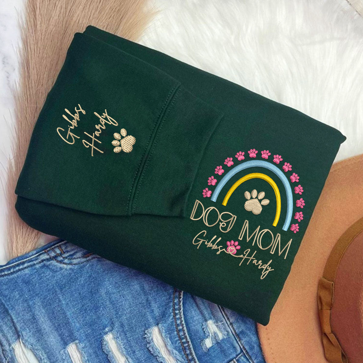 Embroidered Dog Mom Sweatshirt with Pet Names - Rainbow Design Pet Gift