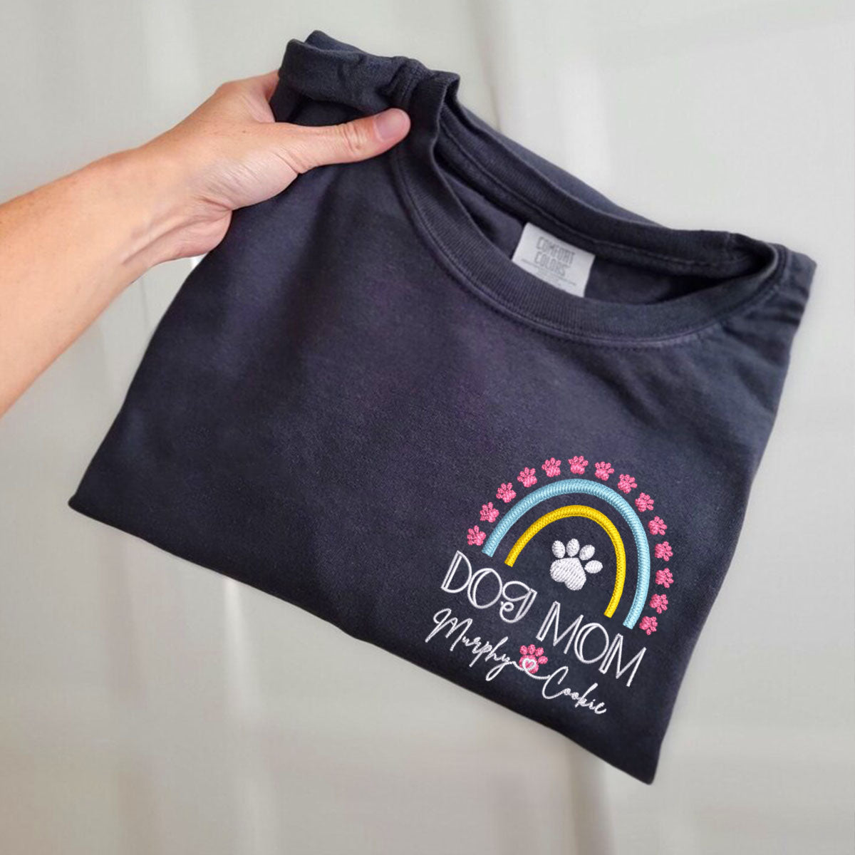 Embroidered Dog Mom T-Shirt with Pet Names - Rainbow Design Pet Gift