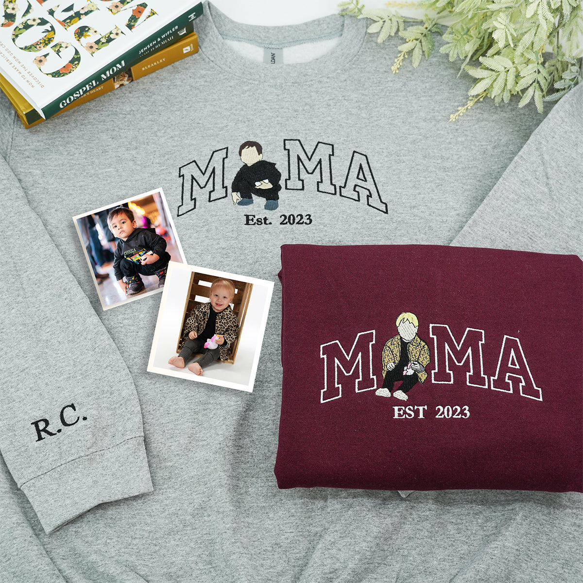 Embroidered Mama Portrait Hoodie with Kids - Mother's Day Gift