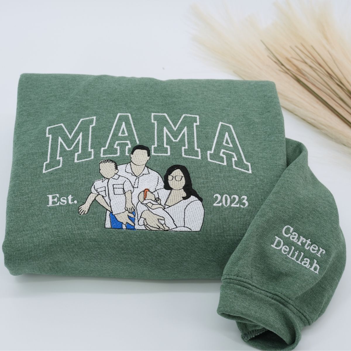 Embroidered Mama Portrait Hoodie with Kids - Mother's Day Gift