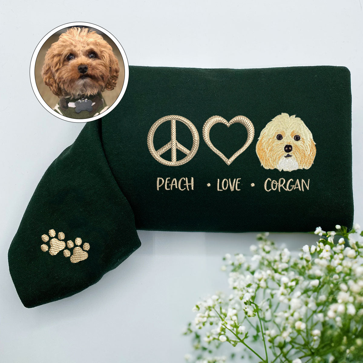 Embroidered Peace Love Pet Sweatshirt with Names - Pet Lover Gift
