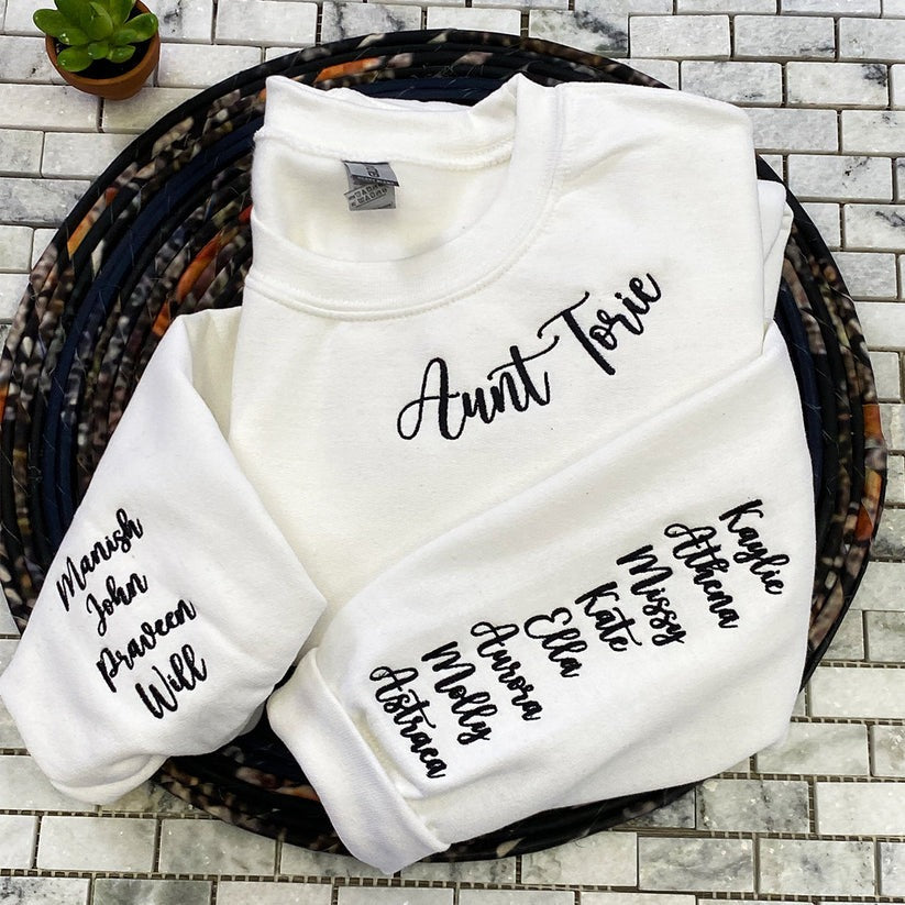 Embroidered Aunt Hoodie with Names on Sleeve - Aunt Gift
