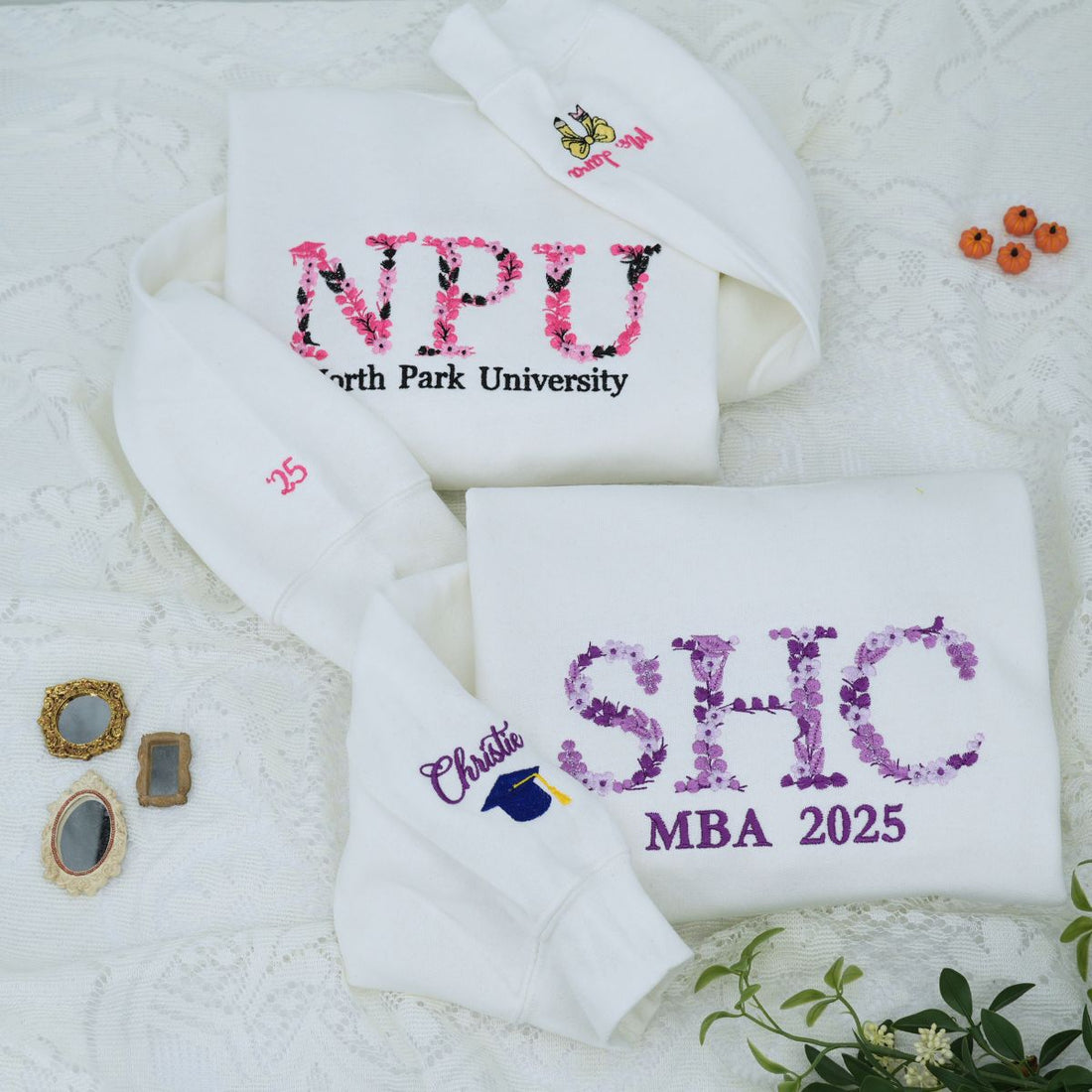 Embroidered College Hoodie with Floral Embroidery - University Graduate Gift