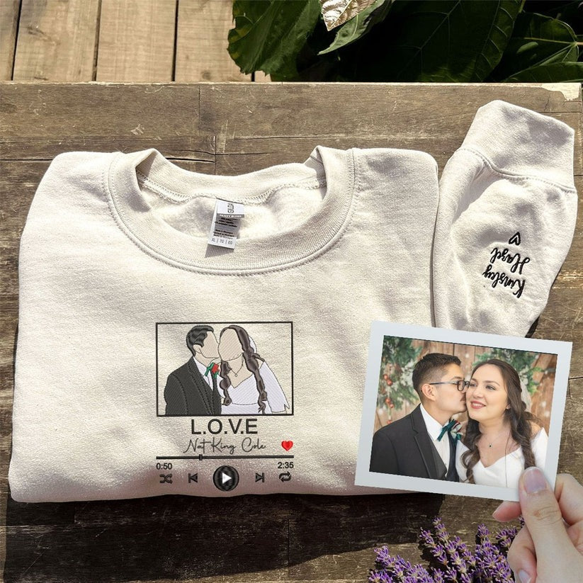 Embroidered Favorite Song Hoodie with Photo Portrait - Romantic Couple Gift