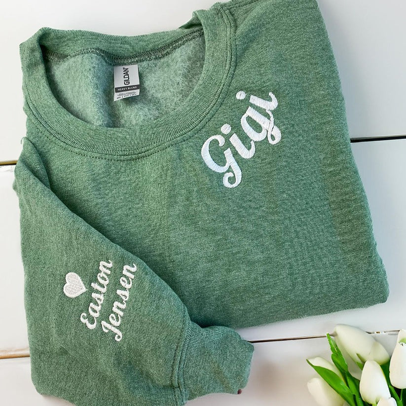 Embroidered Gigi Neckline Hoodie with Grandkids Names - Grandmother Gift