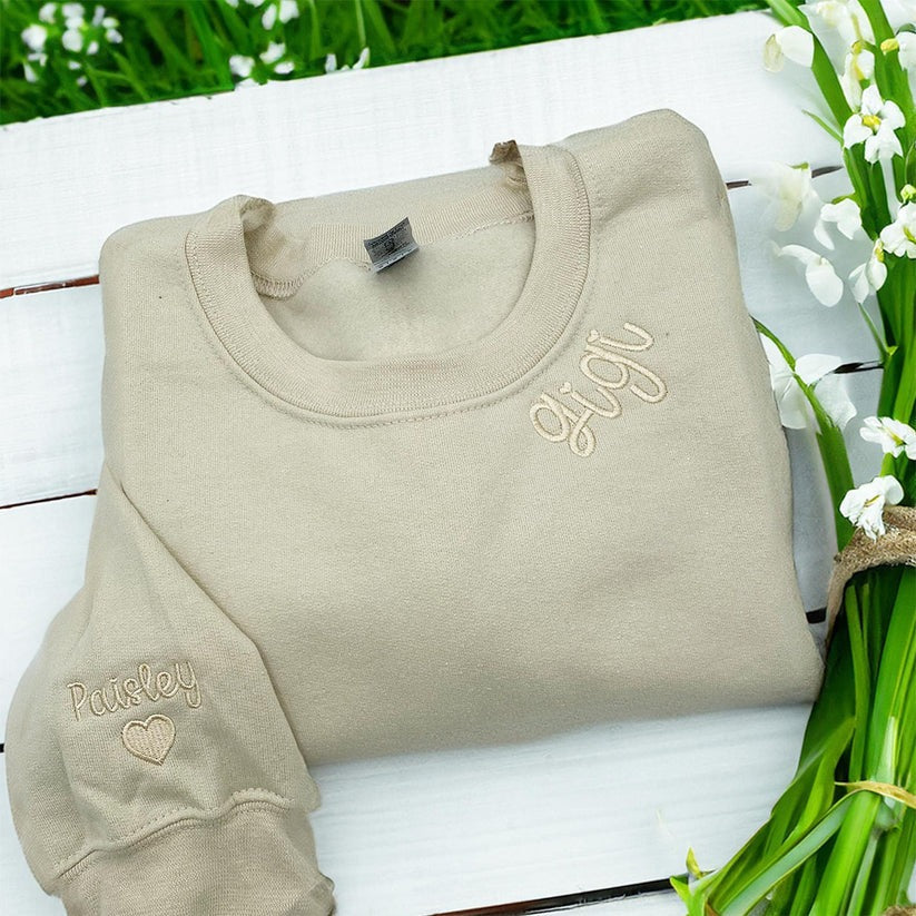 Embroidered Gigi Neckline Hoodie with Grandkids Names - Grandmother Gift