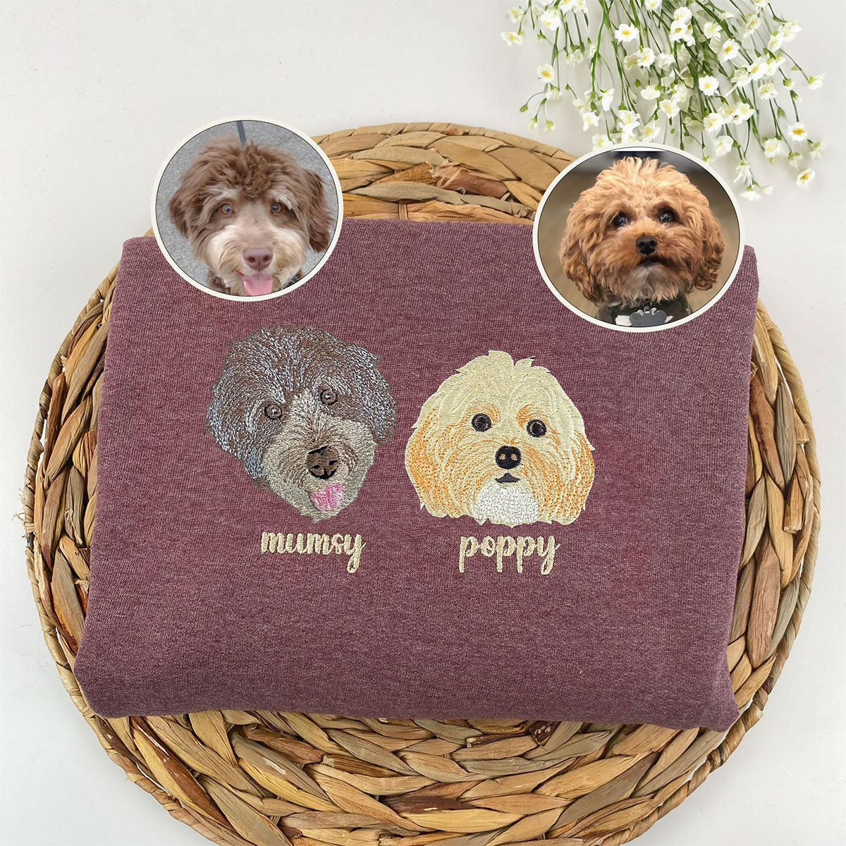 Embroidered Pet Portrait Hoodie with Name - Dog Cat Lover Gift