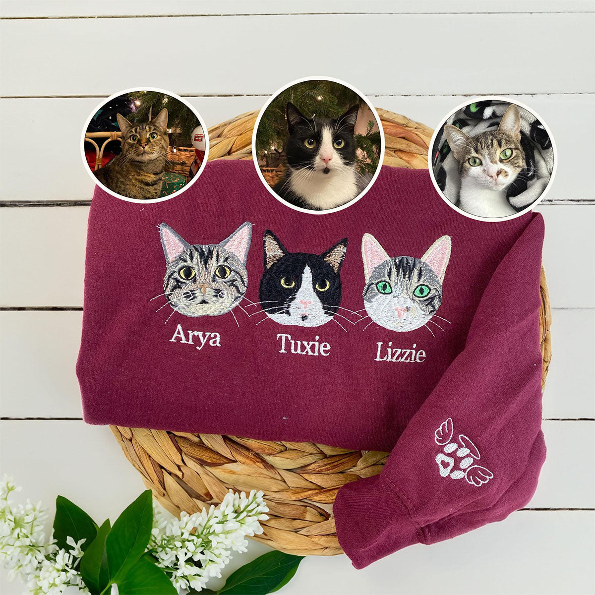 Embroidered Pet Portrait Hoodie with Name - Dog Cat Lover Gift