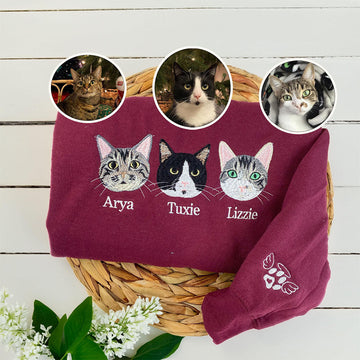 Embroidered Pet Portrait Hoodie with Name - Dog Cat Lover Gift