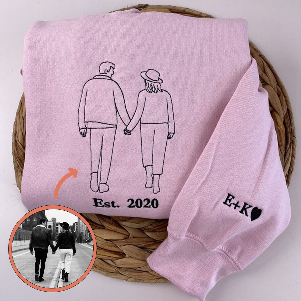 Embroidered Roman Numeral Hoodie with Couple Portrait Outline - Relationship Gift