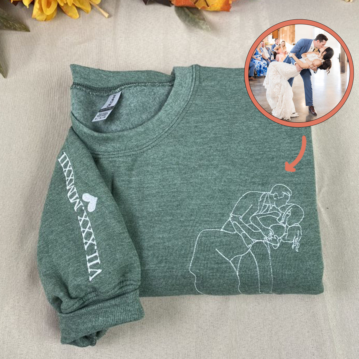 Embroidered Roman Numeral Hoodie with Couple Portrait Outline - Relationship Gift