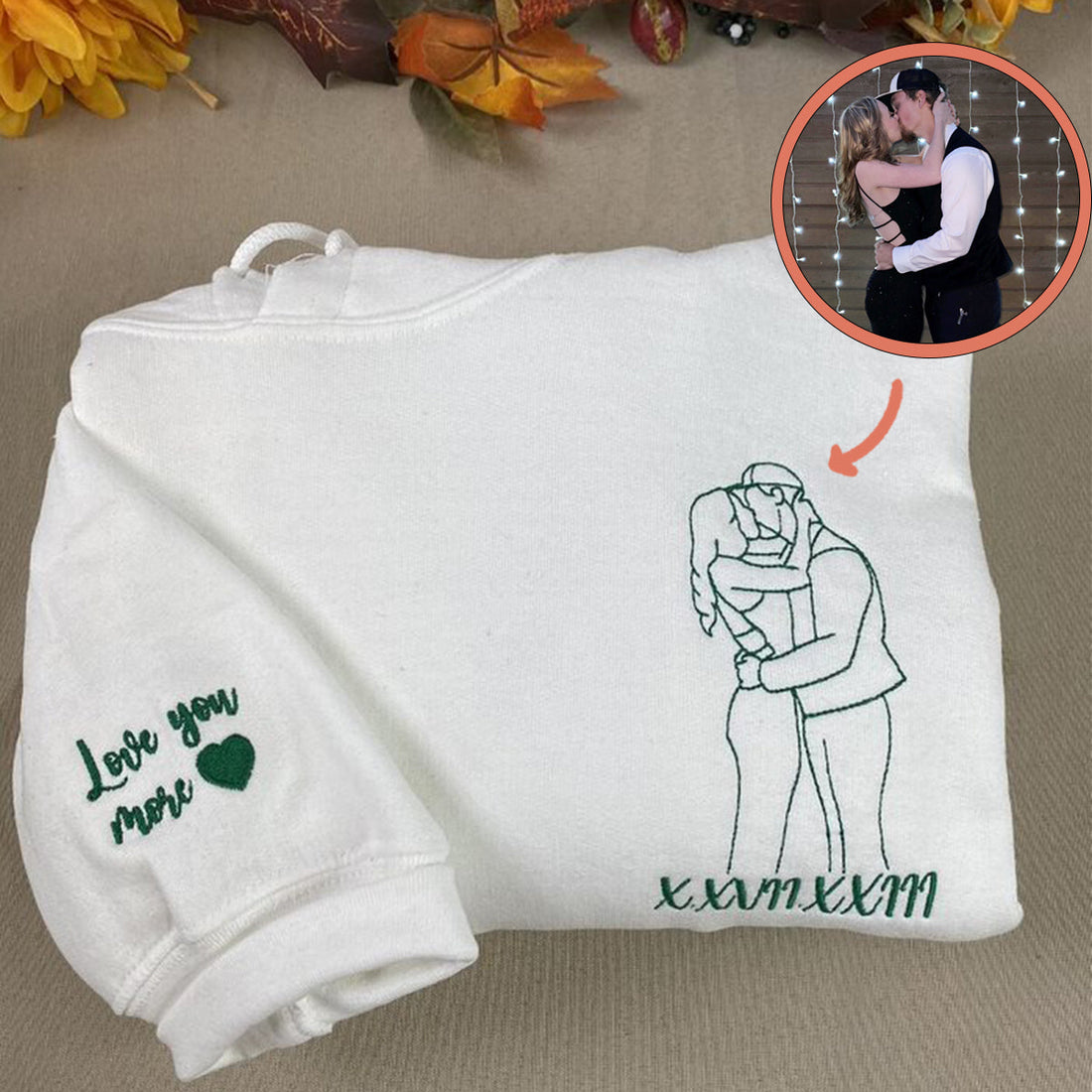Embroidered Roman Numeral Hoodie with Couple Portrait Outline - Relationship Gift