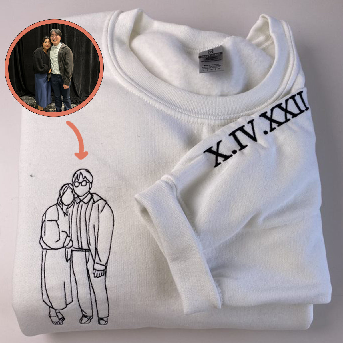Embroidered Roman Numeral Hoodie with Couple Portrait Outline - Relationship Gift