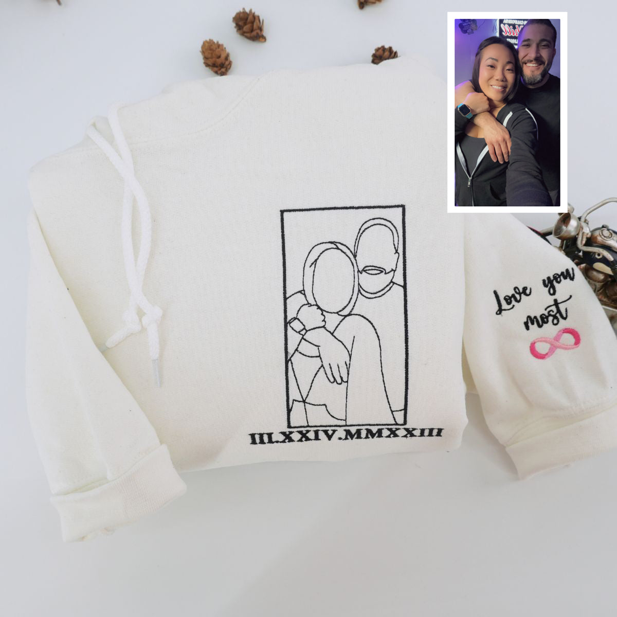 Embroidered Roman Numeral Hoodie with Couple Portrait Outline - Relationship Gift