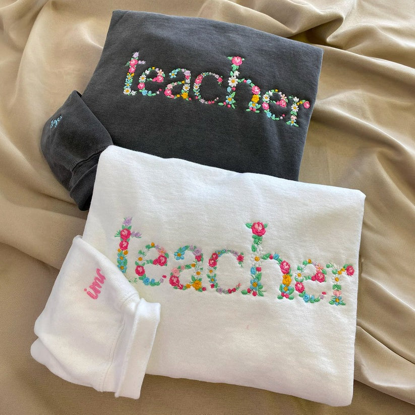 Embroidered Teacher Hoodie with Floral Letter - Teacher Gift